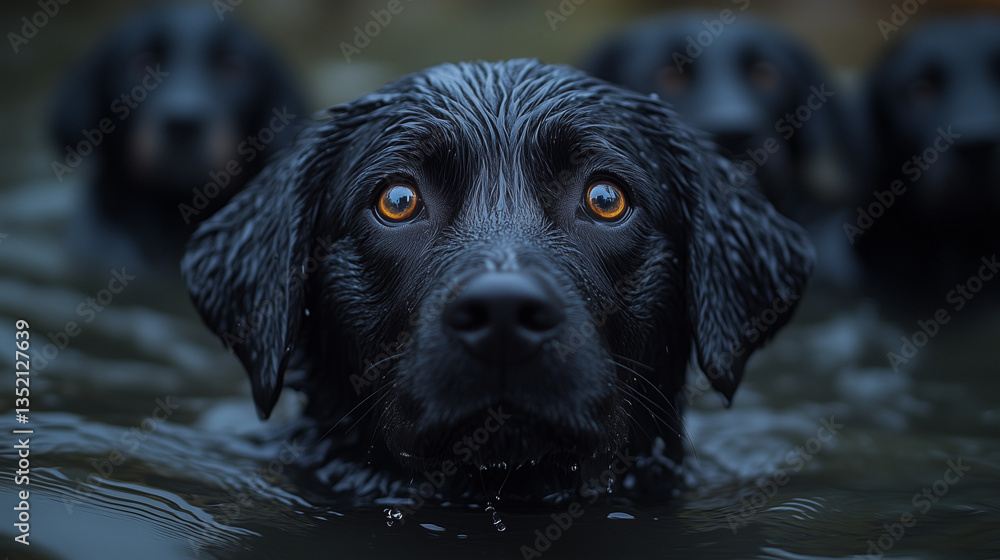 Close-up portrait of a black Labrador Retriever in water, surrounded by other dogs, capturing a moment of canine companionship. Close-up portrait of a black Labrador Retriever in water, surrounded by other dogs, capturing a moment of canine companionship.