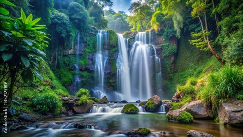 A majestic waterfall flows gently over smooth rocks, creating a soothing melody amidst the dense foliage of a serene jungle ecosystem, jungle waterfall, scenic view