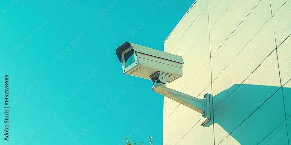 Futuristic Security Surveillance Camera Monitoring Urban Environment on High-Tech Building Exterior with Clear Blue Sky Background Safety and Monitoring Concept Futuristic Security Surveillance Camera Monitoring Urban Environment on High-Tech Building Exterior with Clear Blue Sky Background Safety and Monitoring Concept