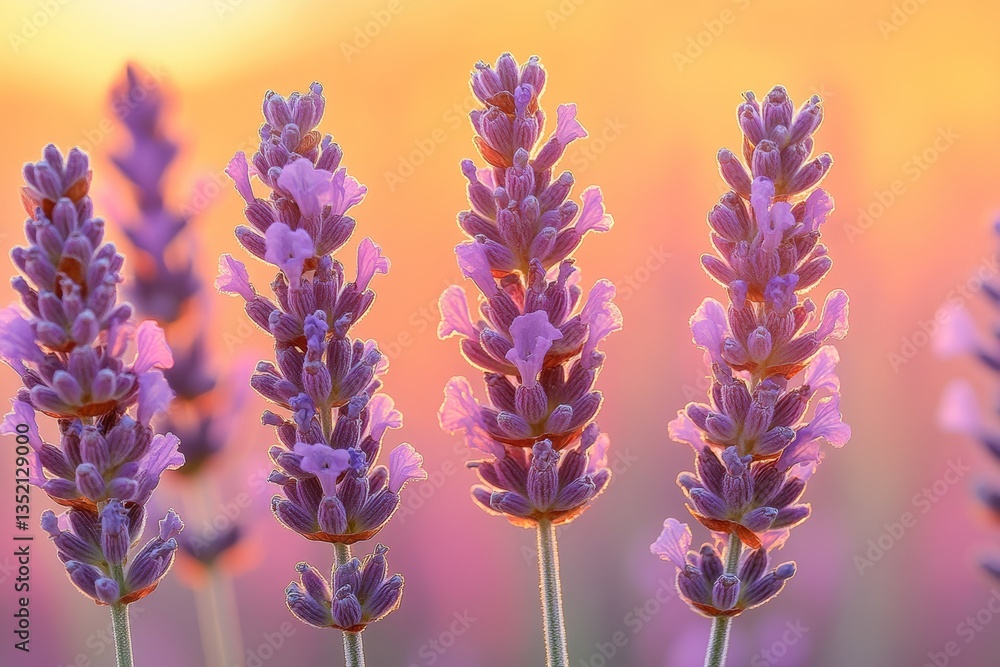 Naklejka premium Lavender field blooms adorned with water droplets, set against warm hues. Concept of lavender field showcases serene beauty, peaceful flowers inspiring tranquility.