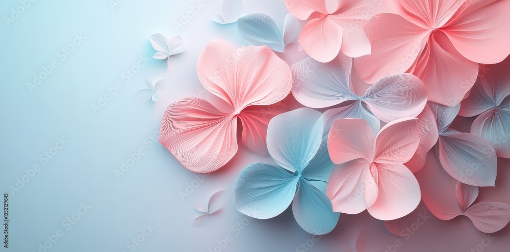 Beautiful pink and blue flowers arranged on a soft gradient background Beautiful pink and blue flowers arranged on a soft gradient background