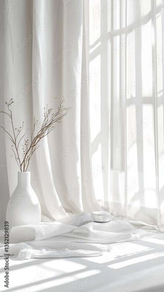 Serene indoor scene with sheer curtains. Serene indoor scene with sheer curtains.