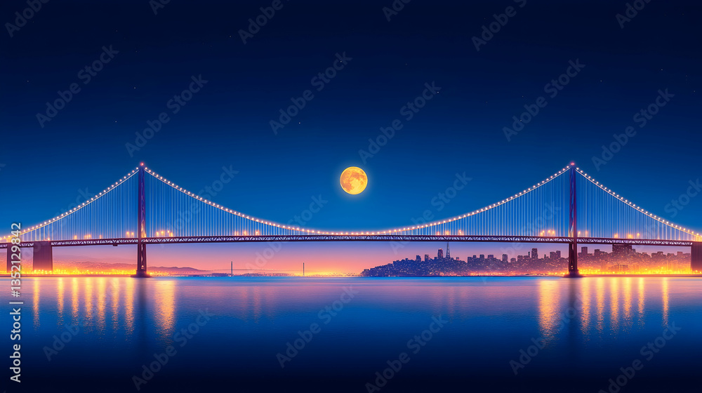 Obraz premium Night cityscape, illuminated bridge, full moon, city skyline reflection
