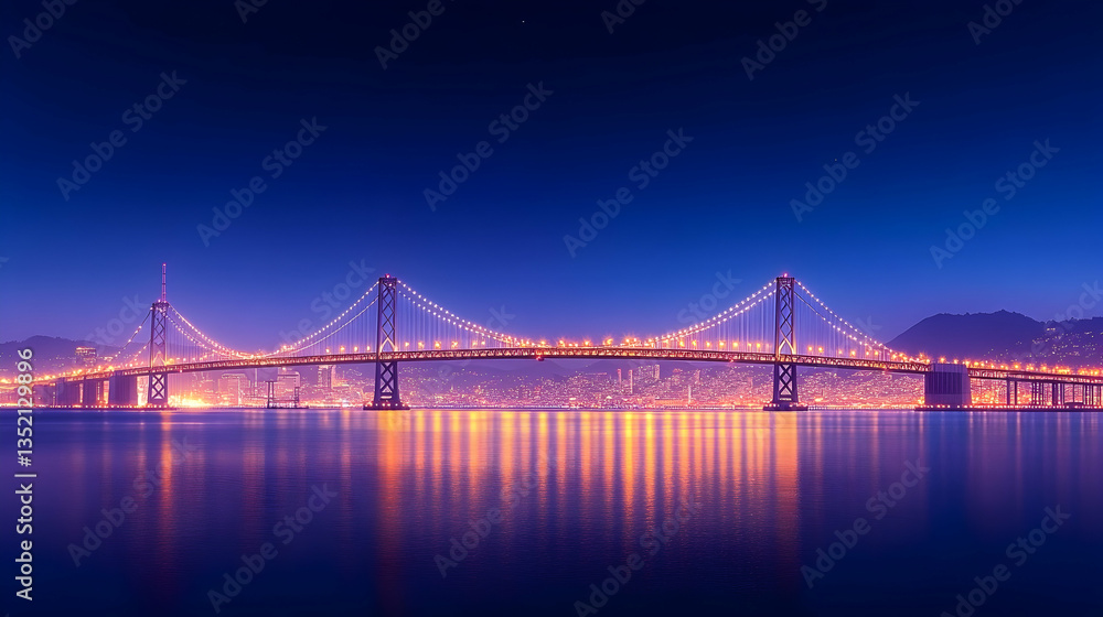 Obraz premium Night cityscape, illuminated bridge, tranquil bay, city skyline reflection; travel, tourism poster