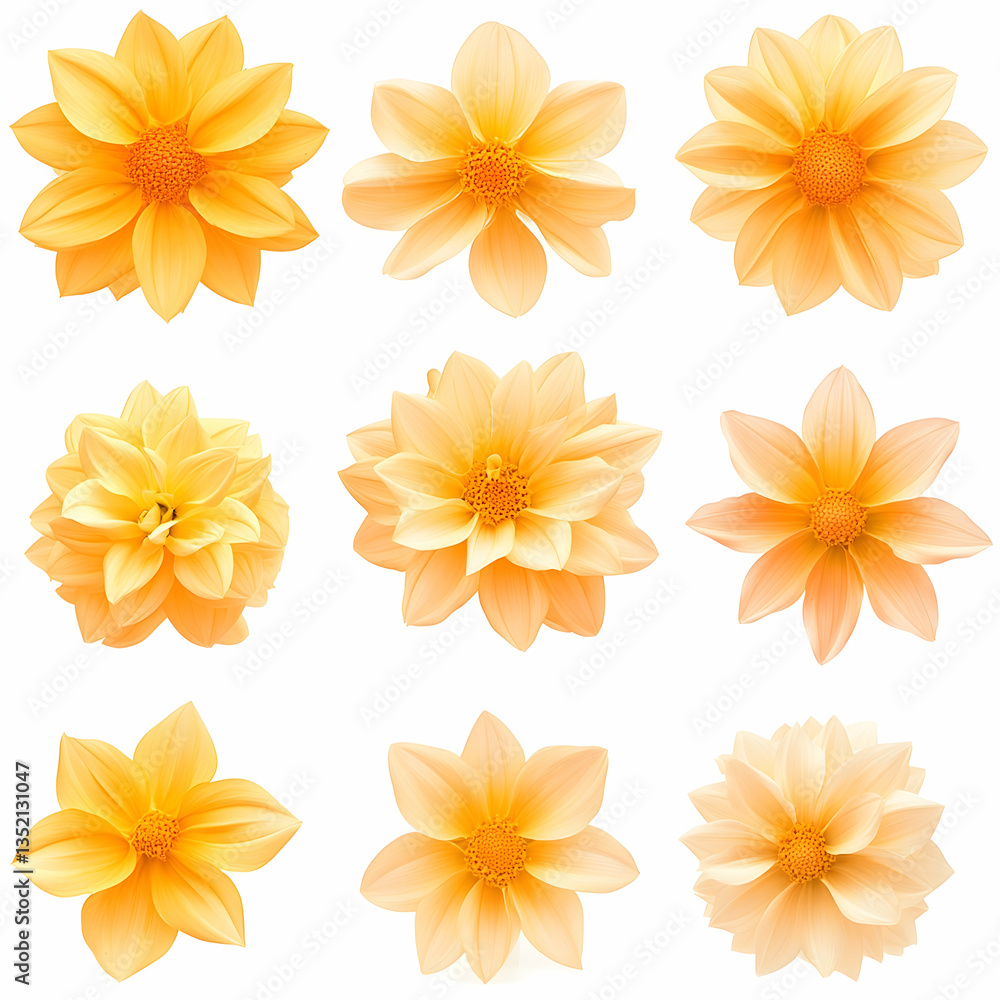 Fototapeta premium Nine orange dahlia flowers, various angles, white background; ideal for floral design, websites, or greeting cards