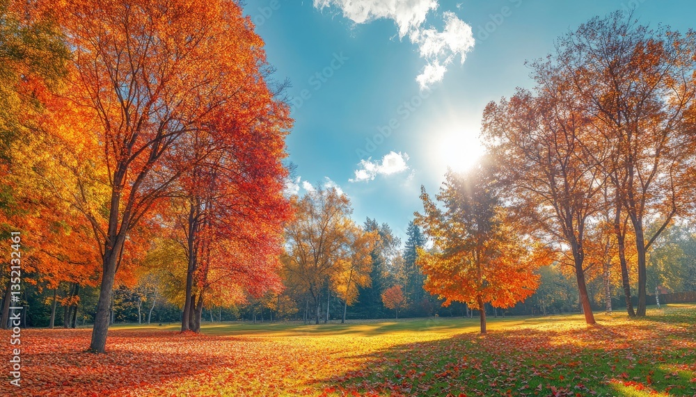 Fototapeta premium Walking Through Autumn Park with Colorful Trees and Sunny Sky