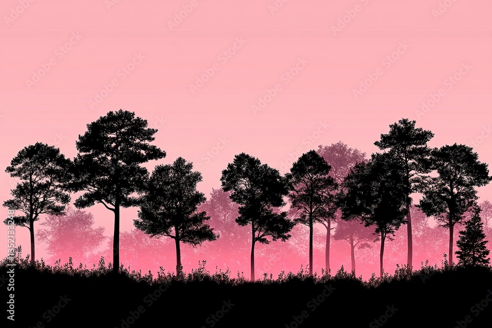 Fototapeta premium Silhouette of trees against a vibrant pink sky creating a serene and peaceful scene