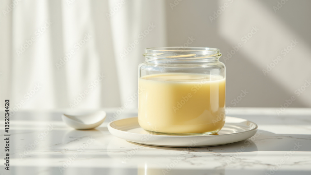 Small glass jar filled with yellow substance on a plate on a marble countertop. Small glass jar filled with yellow substance on a plate on a marble countertop.