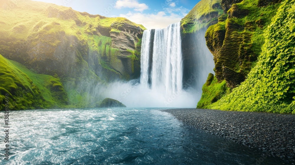 Naklejka premium Majestic Waterfall Cascading Down in Lush Green Valley Nature Landscape Photography Bright Sunny Day Breathtaking View