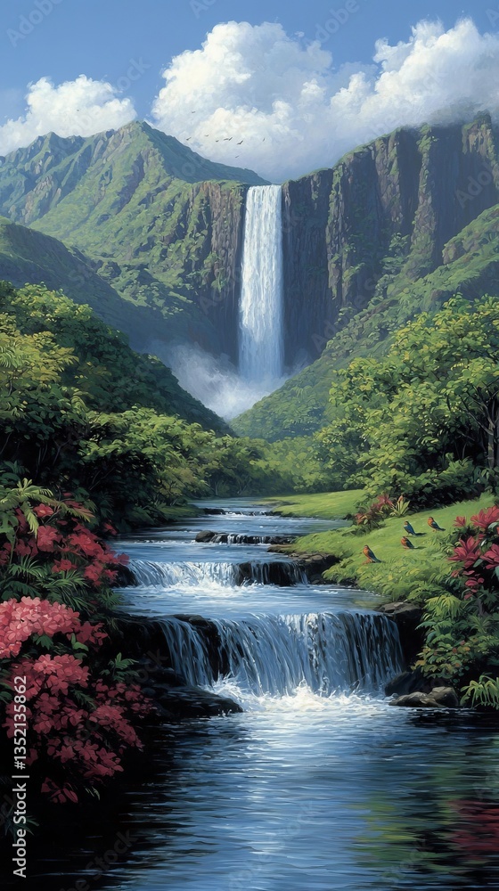 Fototapeta premium Serene Waterfall Cascading Through Lush Tropical Landscape Nature Photography Vibrant Greenery Scenic View Peaceful Environment