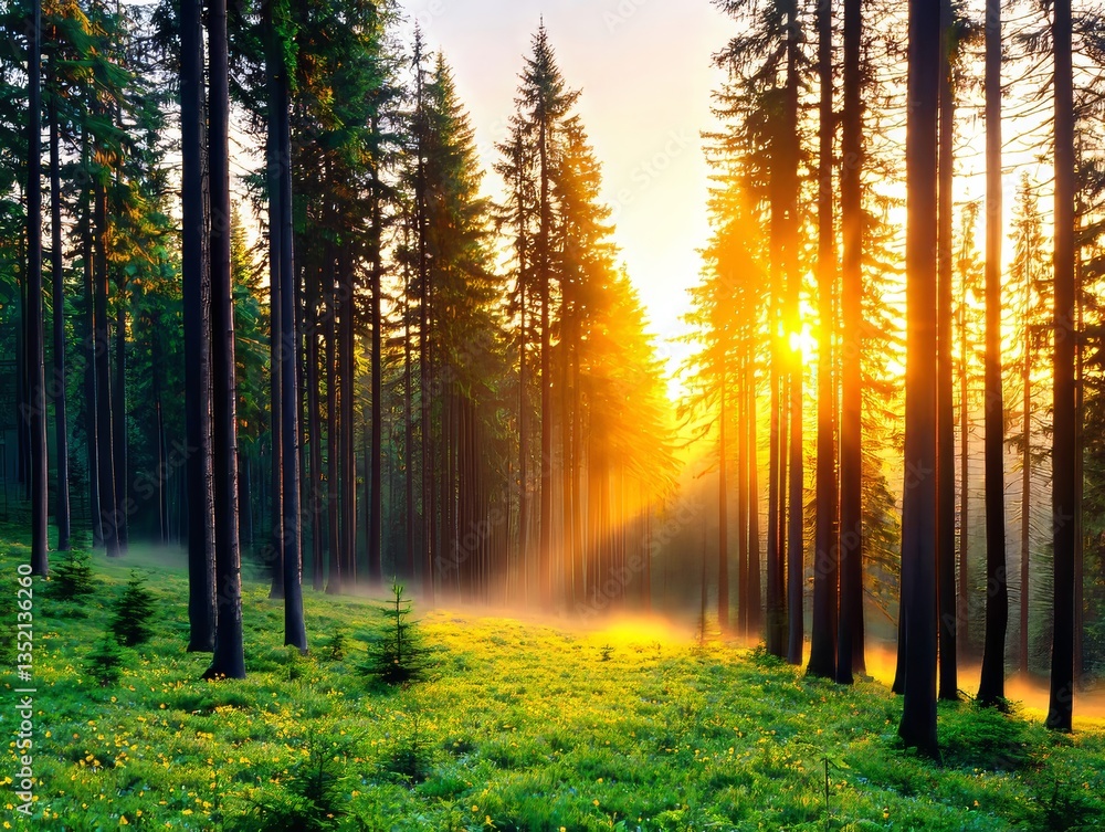 Obraz premium Magical Sunrise Over Lush Forest Nature Landscape Tranquil Environment Vibrant Viewpoint Enchanting Atmosphere