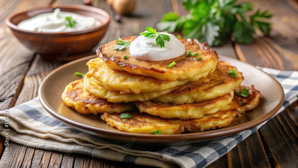 Traditional Polish potato pancakes served on a plate, golden brown and crispy on the outside, fluffy inside with a dollop of sour cream , traditional polish food, sour cream Traditional Polish potato pancakes served on a plate, golden brown and crispy on the outside, fluffy inside with a dollop of sour cream , traditional polish food, sour cream