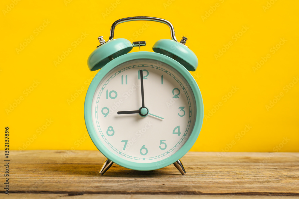 One turquoise alarm clock on wooden table against yellow background One turquoise alarm clock on wooden table against yellow background