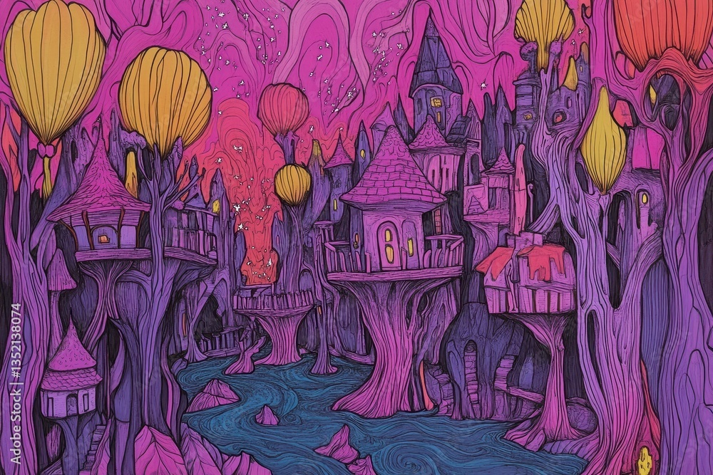 An Imaginative Illustration Of A Fantasy Cityscape With Unique Buildings An Imaginative Illustration Of A Fantasy Cityscape With Unique Buildings