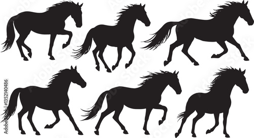 Set of black horse silhouettes running in a race, illustrated in vector style, featuring wild stallions and ponies with riders, tails flowing, showcasing the spirit of equestrian sport and nature