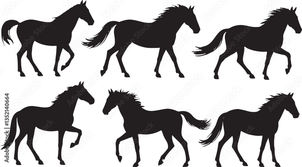 Fototapeta premium Collection of horse silhouettes in vector style showing different horses running and standing, including wild and domestic breeds like stallions and mustangs, designed for animal illustrations