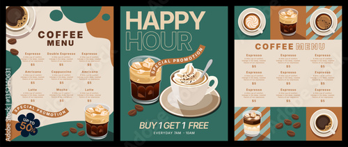 coffee shop and cafe menu mockup template design, vector illustration of coffee flat style, food and drink concept, poster and promotion, coffee cup of espresso, americano, mocha, latte and flat white
