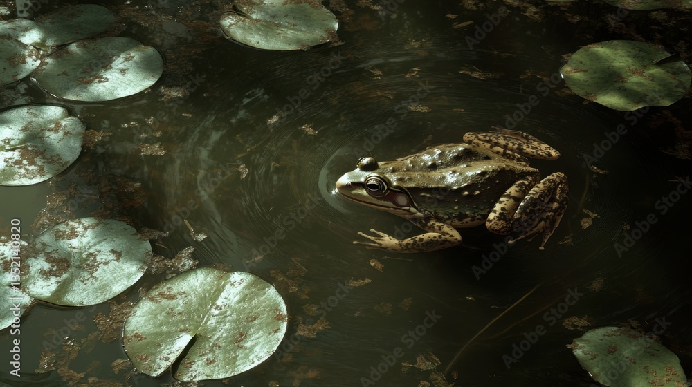 Obraz premium A high-angle view of a frog in a lily pad-covered pond, its body perfectly still.