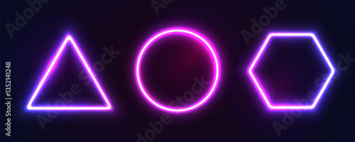Neon frame round, triangle and hexagon. Glow shape set for disco, night club. Abstract neon banner set on black background, vector illustration. Collection of glowing shape lines in front view, vector