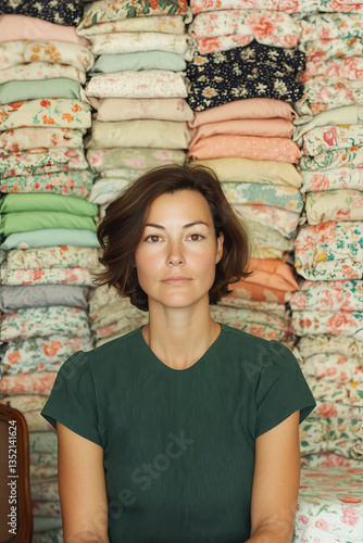 woman with short hair sits in front of colorful stack of folded fabrics, showcasing serene expression. vibrant patterns and textures create warm, inviting atmosphere