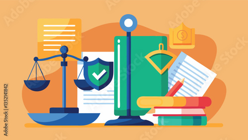 The illustration symbolizes legal liability insurance using the image of a judge's gavel, scales of justice and a protective shield. The background consists of legal documents.