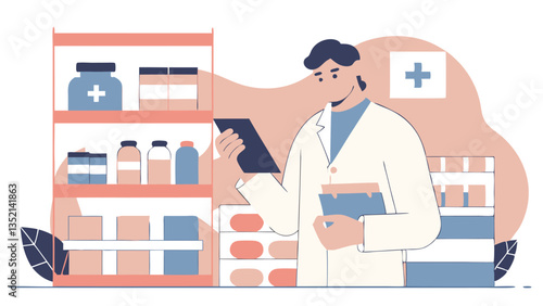 A male pharmacist carefully studies the documentation on the tablet. He is conducting an inventory in the drugstore.