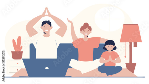 A young family practices yoga at home, following an online workout on a laptop. A parent and a child do the exercises with smiles, enjoying the moment