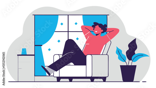 A young woman with a pleasant smile is sitting in a comfortable armchair in a cozy modern apartment. She is enjoying a moment of calm and relaxation.