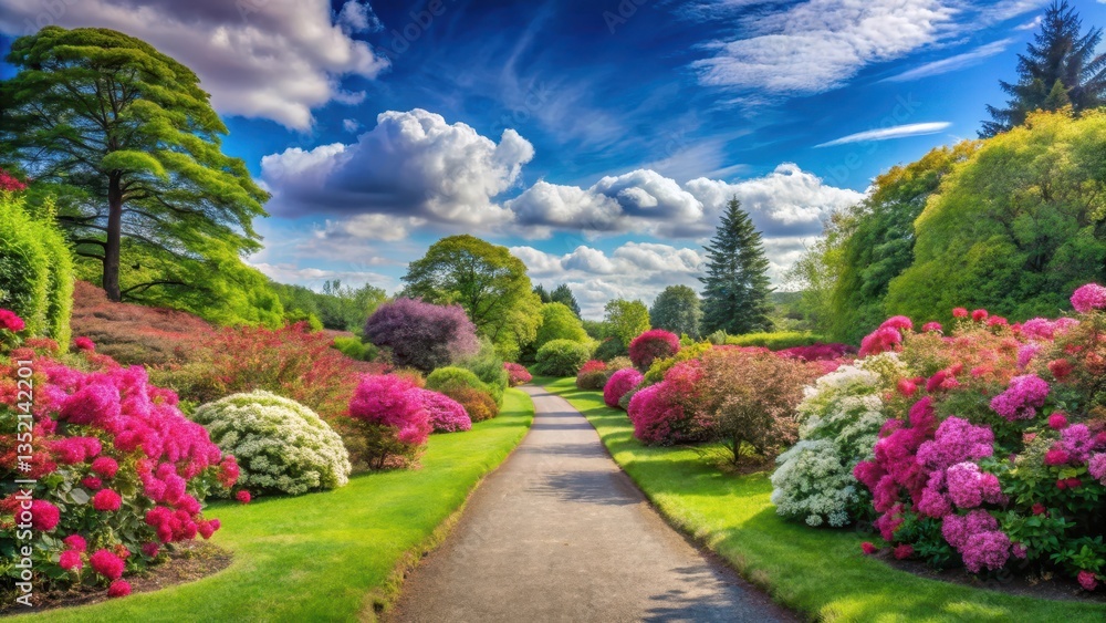 Fototapeta premium serene pathway in the park surrounded by vibrant pink flowers under a clear blue sky with fluffy white clouds and lush greenery, pink flowers, blossom