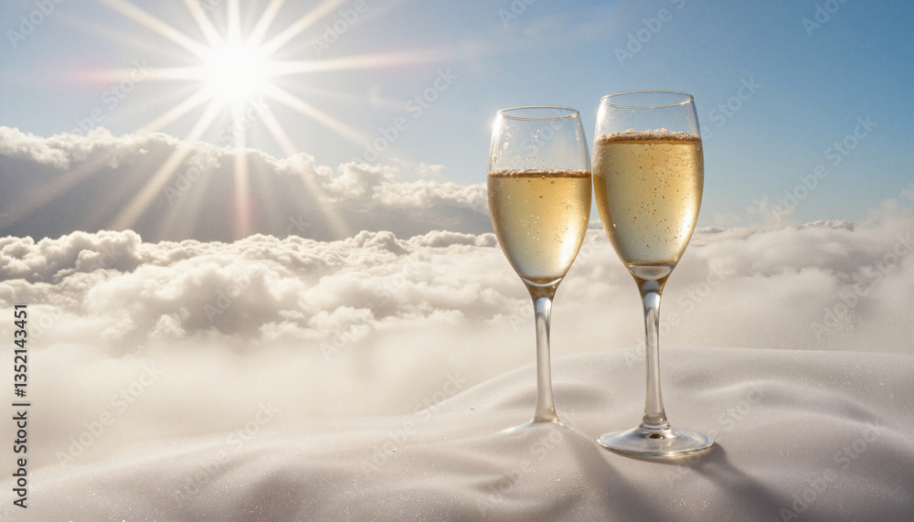 Obraz premium Champagne glasses reflecting sunlight in soft cloud mist, celebration