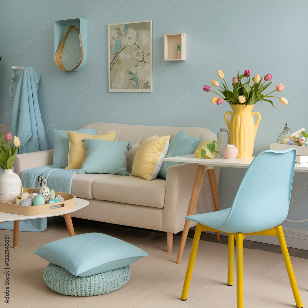 Obraz premium The interior design of a spring living room features a sofa, furniture, tulips-adorned vase, easter decorations, pillows, and personal accessories, perfect for home decor during Easter holidays.
