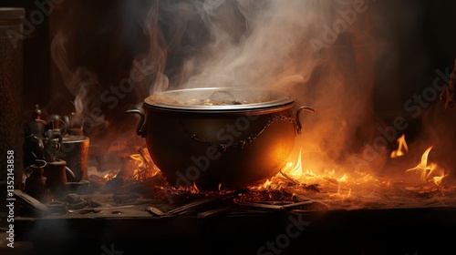 A mystical cauldron boiling with vibrant colors, releasing enchanting aromas and magic energy.