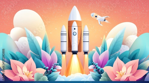 Astronaut training tools and rocket launch concept vibrant nature background digital art futuristic perspective