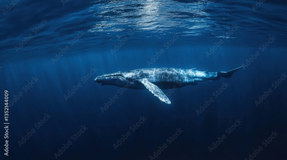 Obraz premium A majestic blue whale swimming peacefully through the vast open ocean.