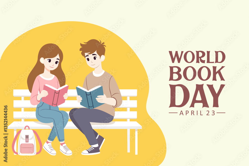 Naklejka premium World Book Day illustration with two people reading on a park bench.