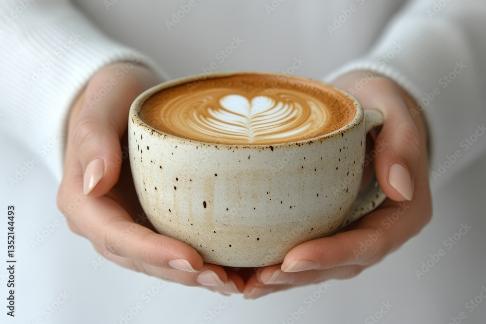 A person gently holds a cup of latte art coffee, showcasing the beautiful heart design and speckled ceramic mug.