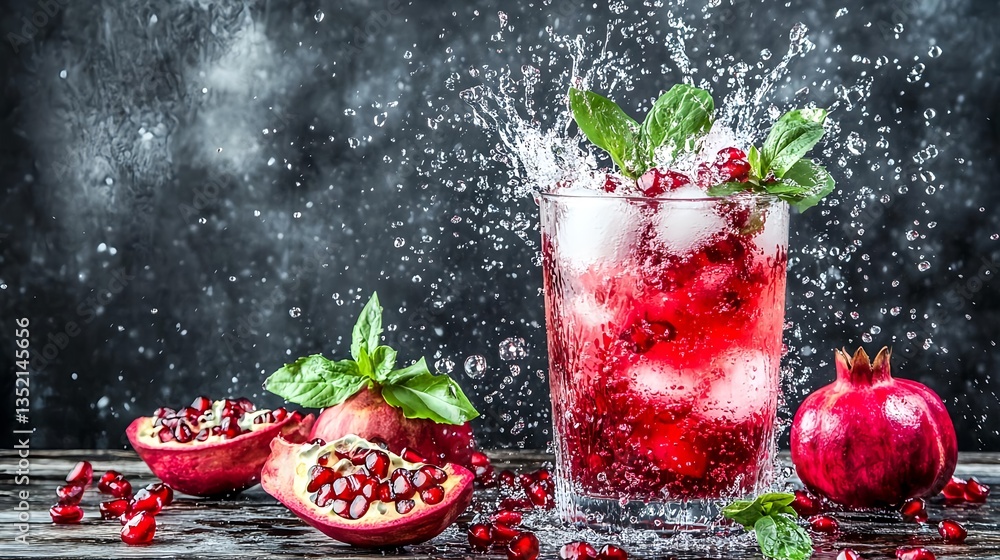 Refreshing Pomegranate Mixed Drink with Splash and Garnish Refreshing Pomegranate Mixed Drink with Splash and Garnish