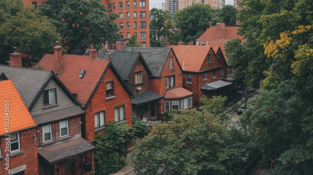 Aerial View of Red Brick Houses and Lush Green Trees in a City Neighborhood Aerial View of Red Brick Houses and Lush Green Trees in a City Neighborhood