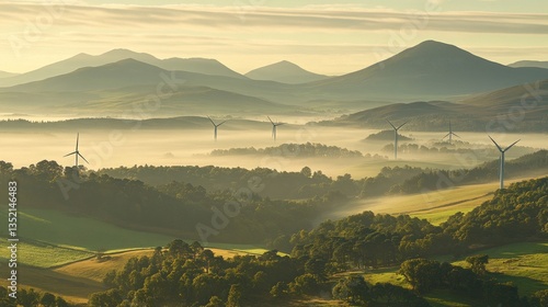 Misty mountain landscape with wind turbines