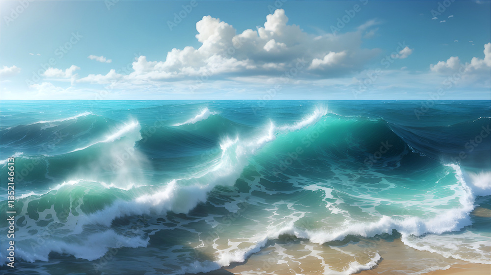 A stunning seascape featuring large, crashing turquoise waves under a bright blue sky. White clouds hover gently on the horizon, adding depth and tranquility to the vibrant marine view A stunning seascape featuring large, crashing turquoise waves under a bright blue sky. White clouds hover gently on the horizon, adding depth and tranquility to the vibrant marine view