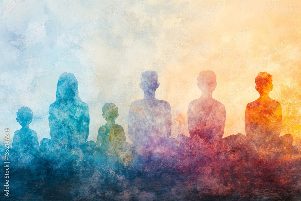 Naklejka premium Multigenerational meditation with colorful auras illustrating harmony and balance