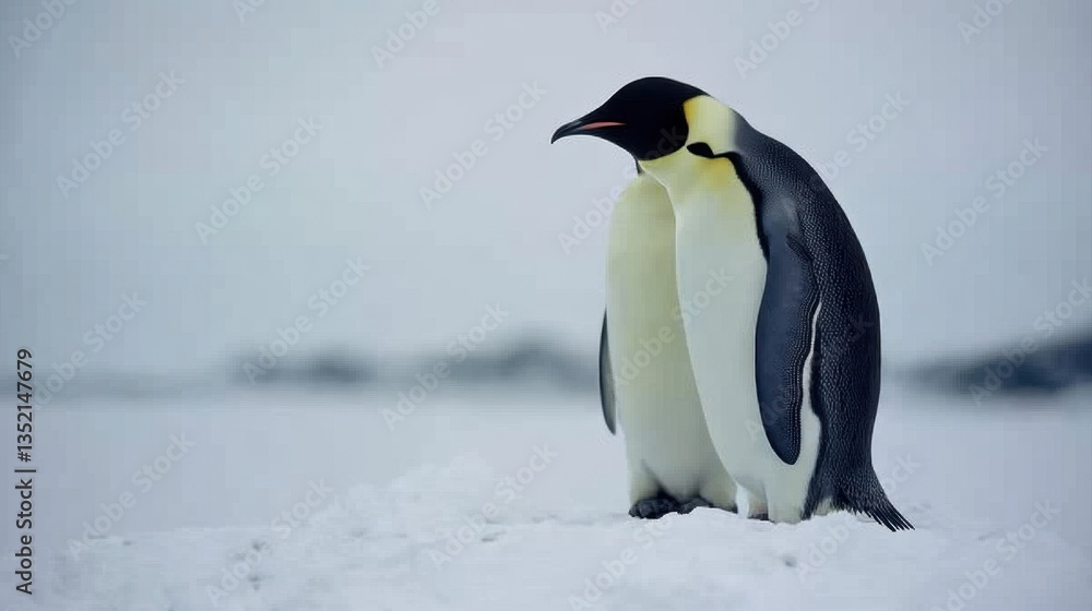 Naklejka premium A pair of emperor penguins standing together on an icy shoreline.