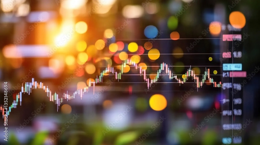 Stock market graph overlayed on a bokeh city background Stock market graph overlayed on a bokeh city background