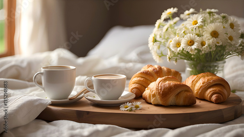  A wooden tray with cups of coffee and French croissants, with a vase of daisies in the background, placed next to a bed
