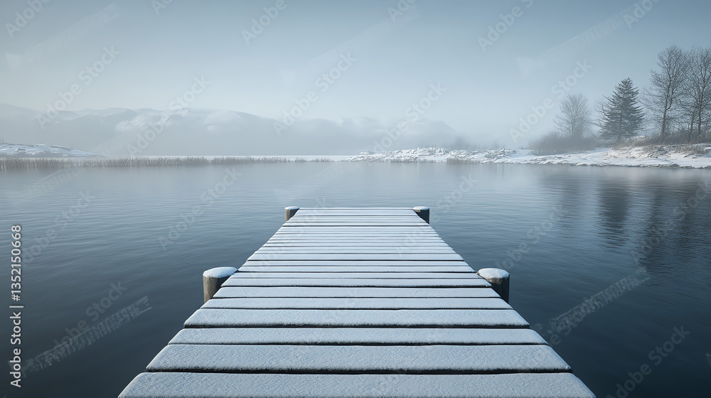 Naklejka premium Snowy wooden pier extending onto a calm lake on a hazy winter morning