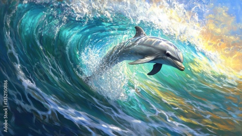 A playful dolphin leaping out of the ocean, creating ripples in the turquoise water. photo