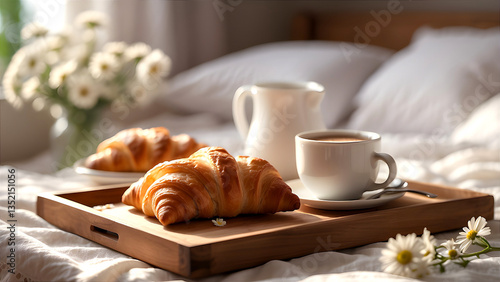 A morning scene with coffee, French croissants, and white daisies on the bed