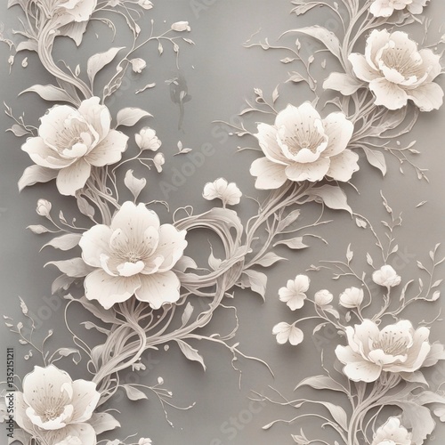**Ink wash, exquisite line drawing floral patterns, wallpaper, patterns, gray background 