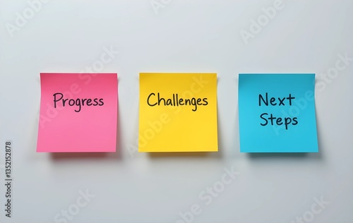 Wall with 3 Post-it notes with Progress, Challenges, and Next Steps written on each, sticky notes with Progress, Challenges and Next Steps written representing the key points discussed in meeting
