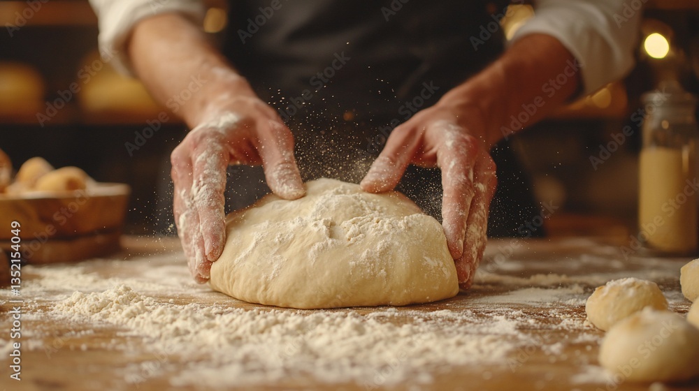 Baker shaping dough on wooden surface. Baker shaping dough on wooden surface.